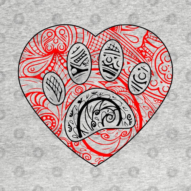 Floral Mandala Dog Paw Print Red Heart by Braznyc